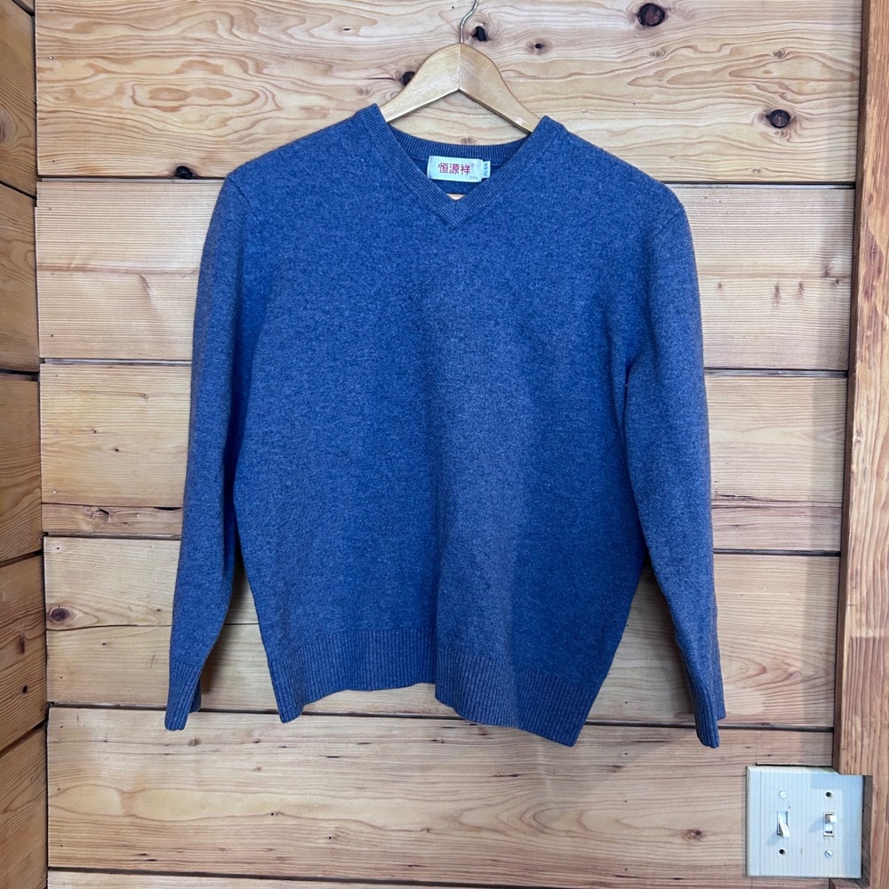 Wool V-Neck Pullover Mens Large Blue Knit Melange Classic Hengyuanxiang
